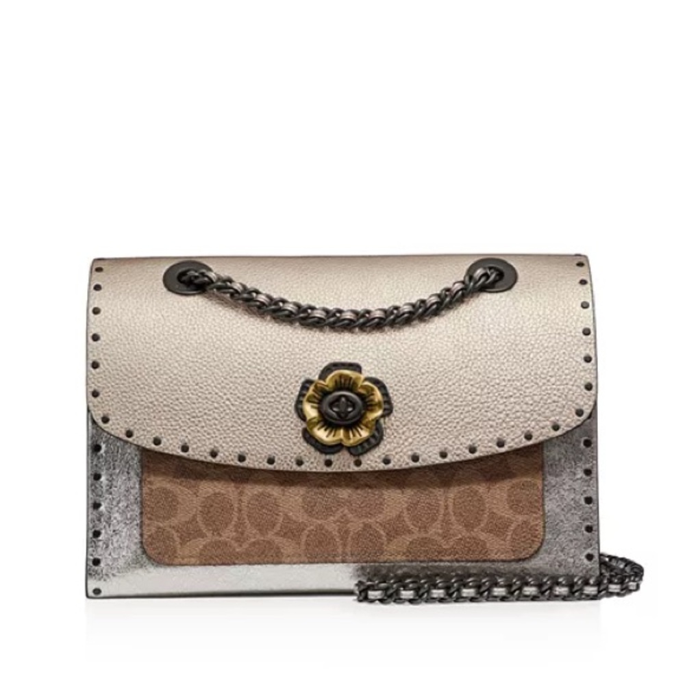 Coach Parker Mixed Media Studded Shoulder Bag 39679 Tea Rose Turnlock